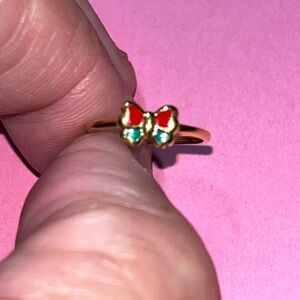 Gold Childrens Holiday Bow Ring with Red and Green Accents